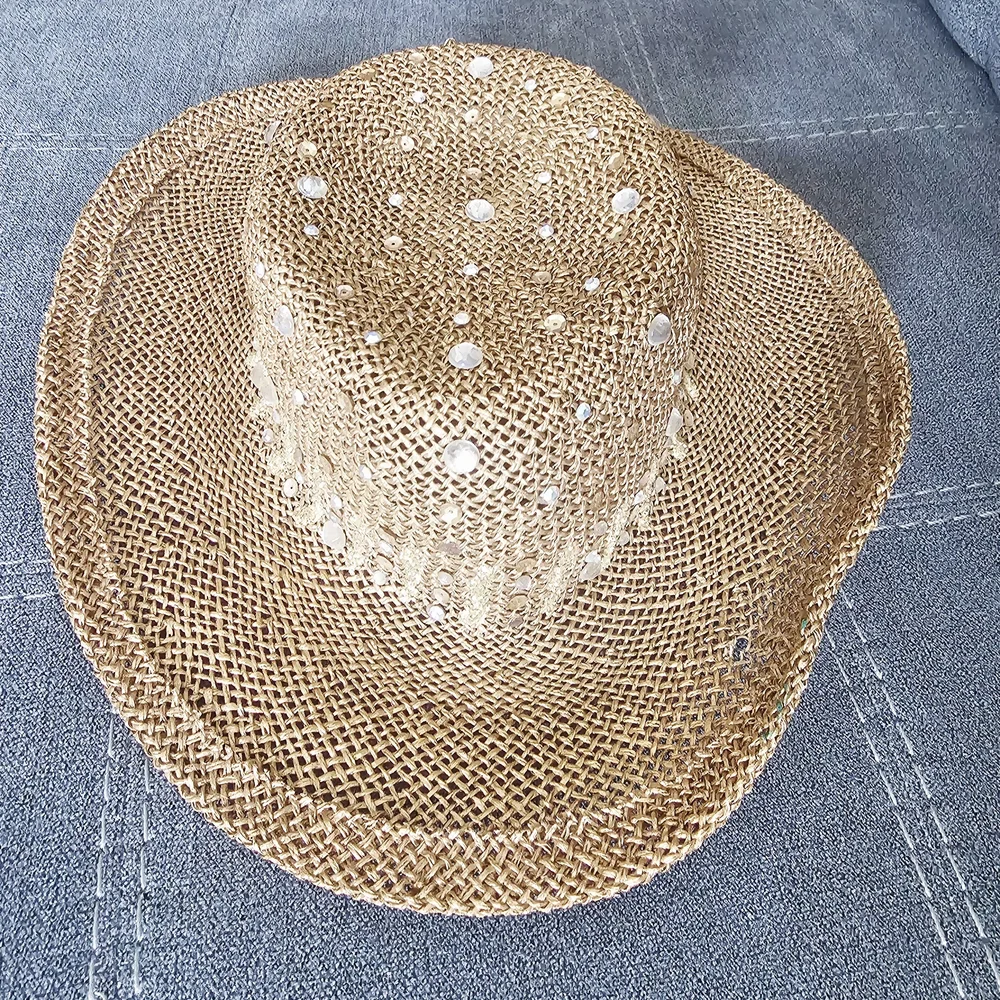 Eric Javits Straw Western Sun Hat with Shell and Sequin Trim - Natural